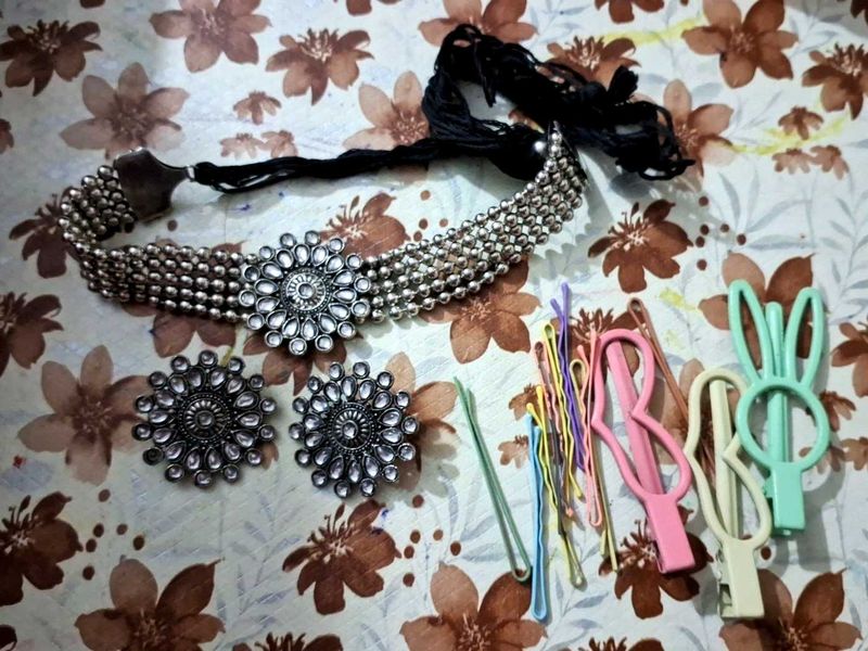 Oxidize Choker necklace set with hair pins