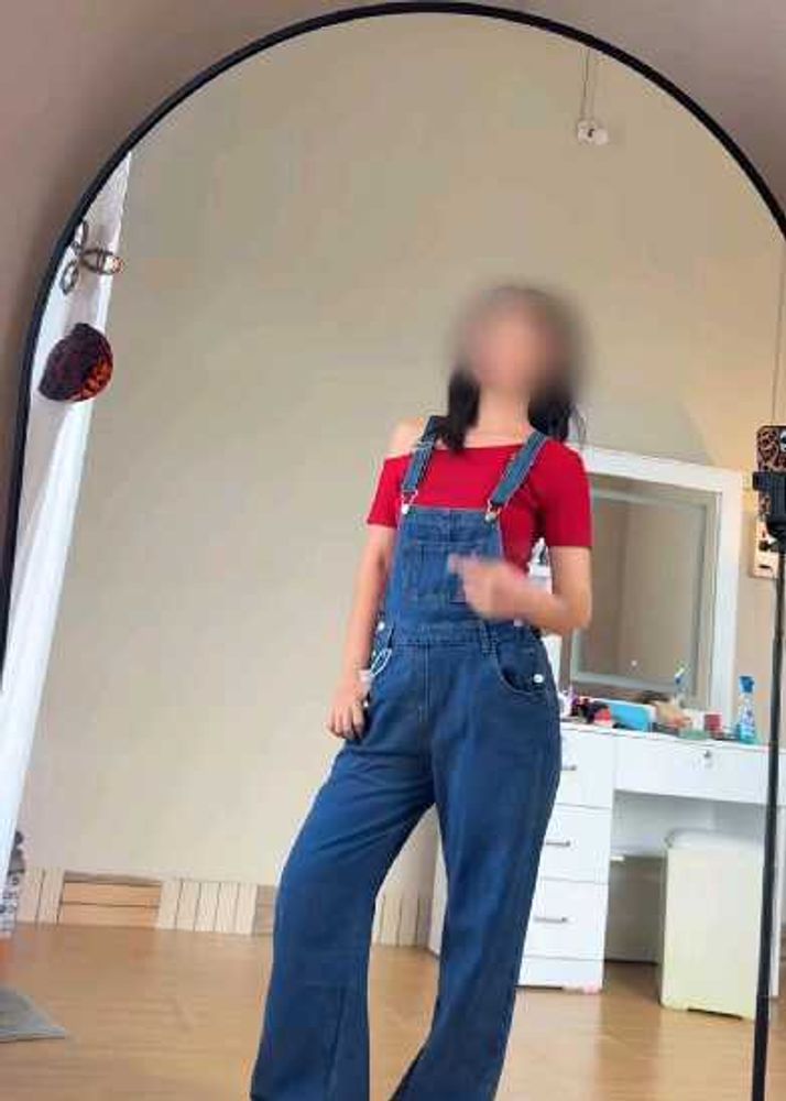 Stylish Denim Overalls with Red Top