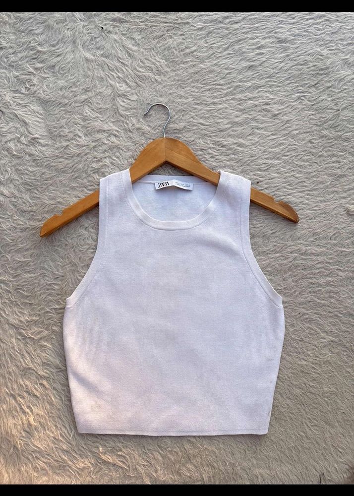 Zara Chic White Ribbed Knit Crop Top