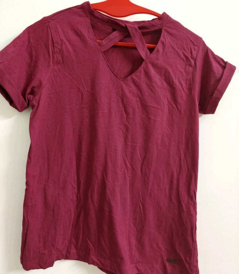 Maroon Crossover Neck T-Shirt