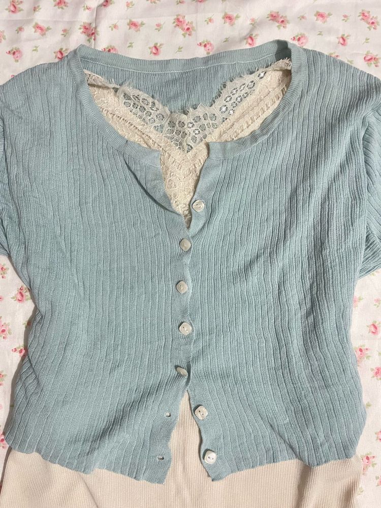 Soft Blue Lace Trim Cardigan