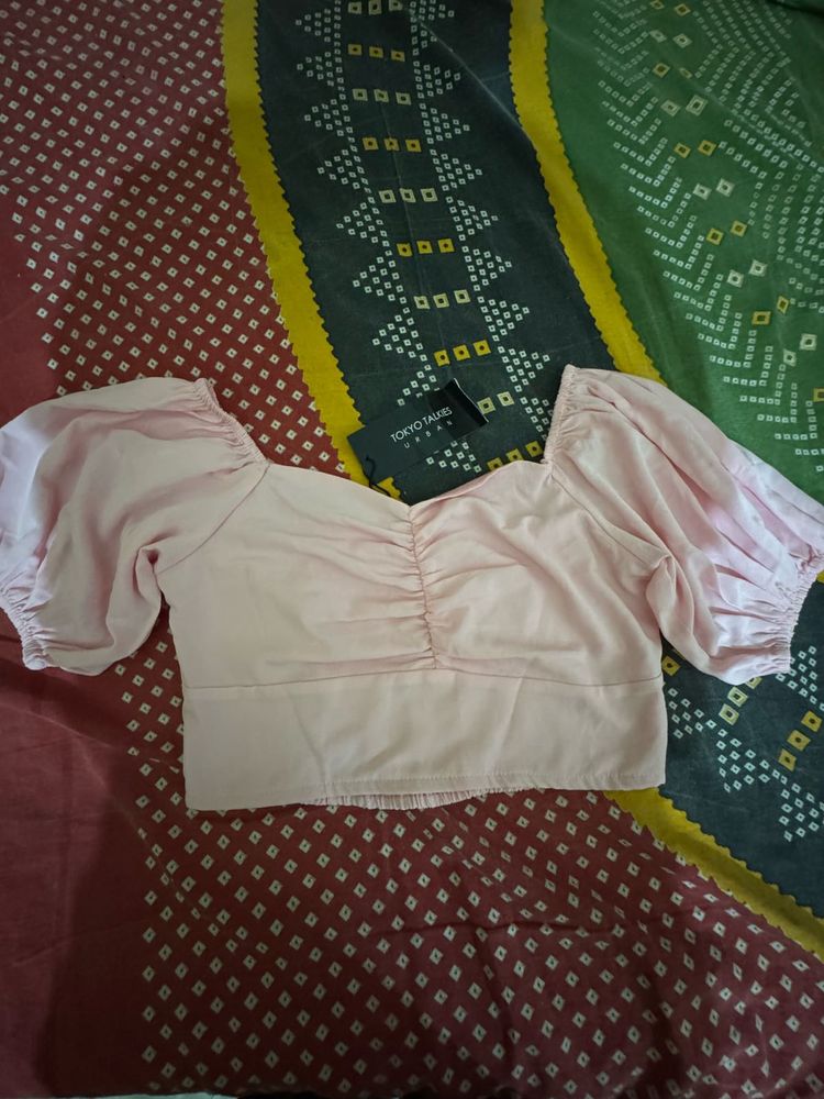 Pink Puff Sleeve Ruched Crop Top