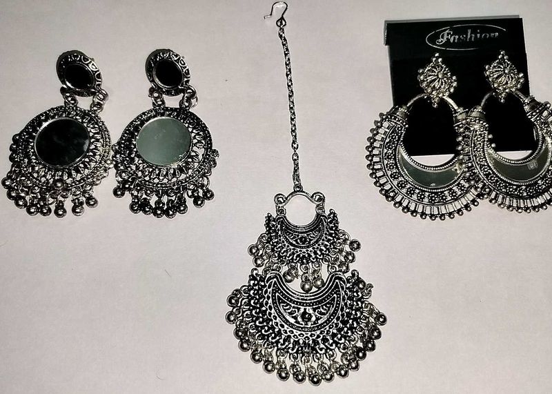 Elegant Silver Oxidized  maangtika and 2 earings J