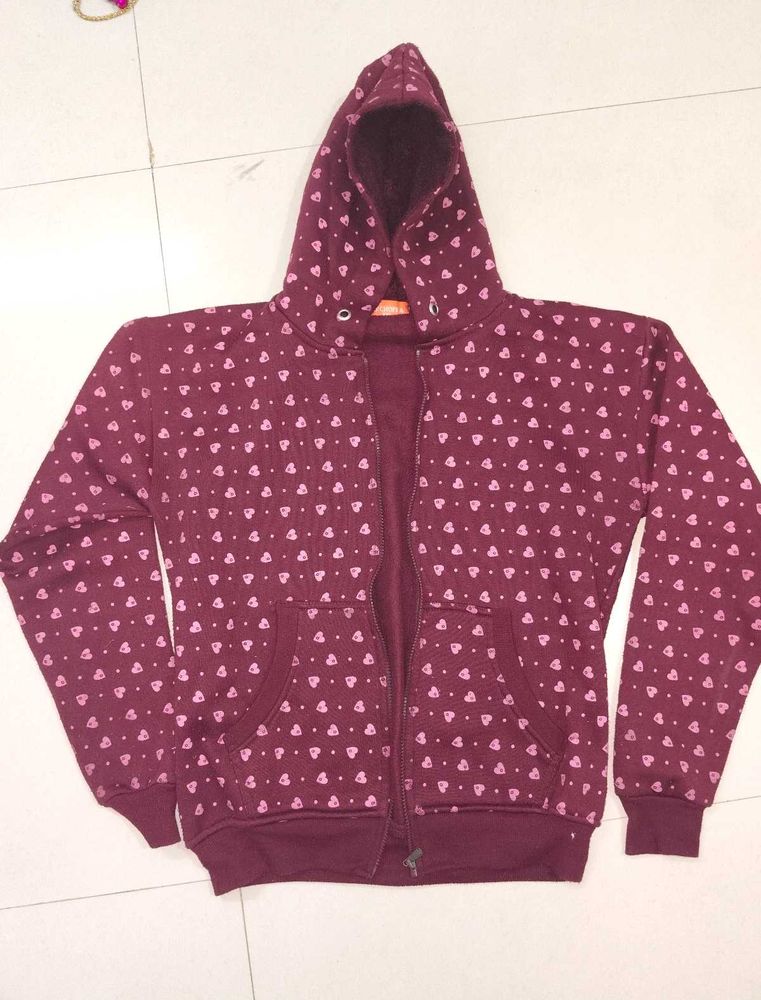 Maroon Heart Print Zip-Up Hoodie
