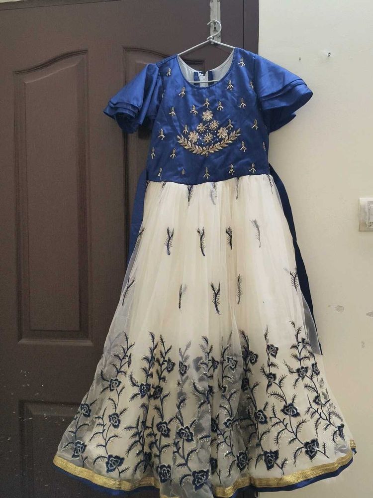 Elegant Blue &amp; White Embroidered Gown