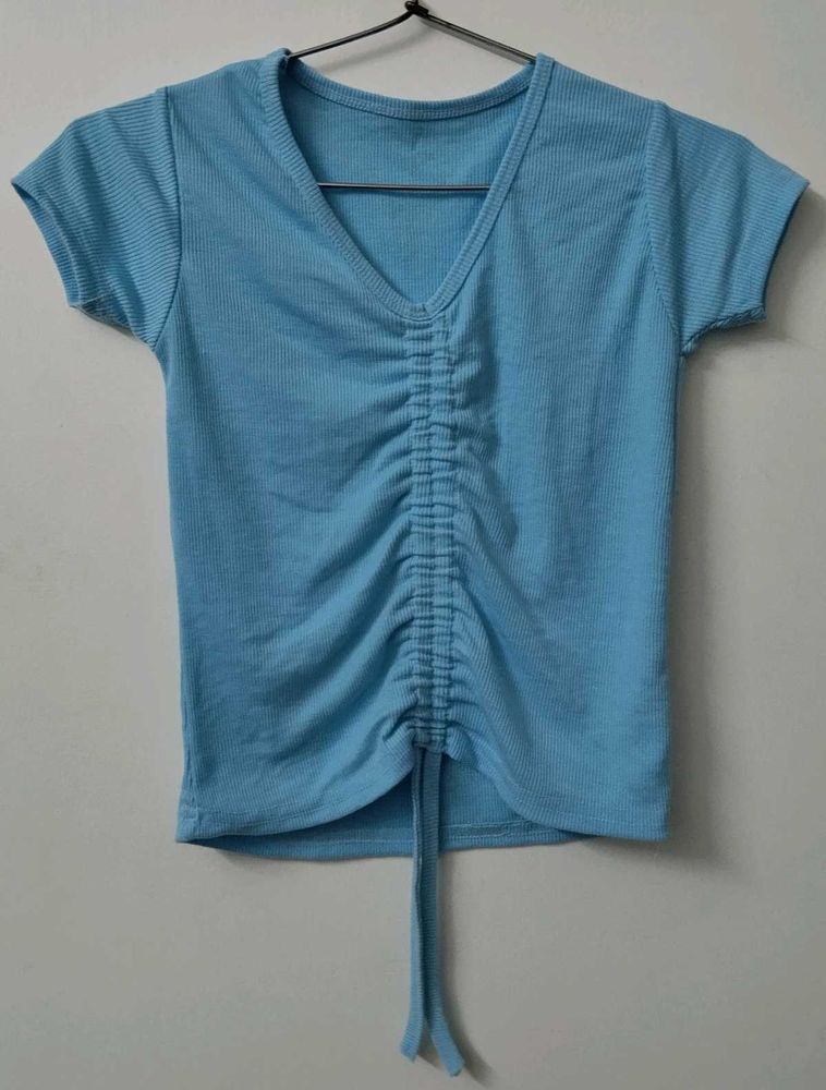 Chic Blue Ruched V-Neck Tee