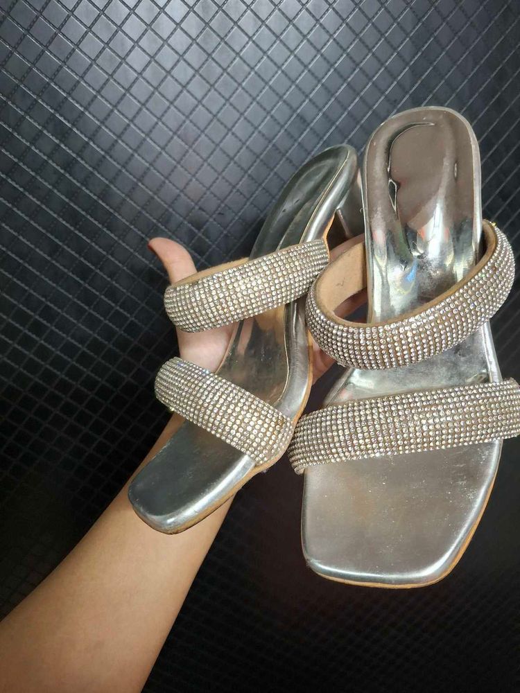 Sparkling Silver Block Heels