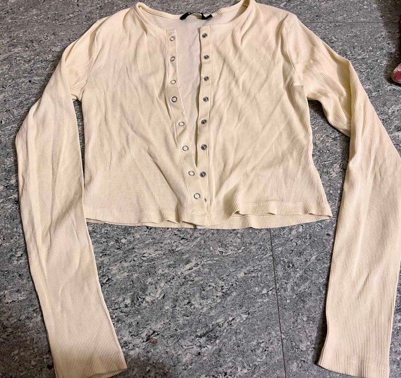 butter yellow Ribbed Button-Up Cardigan