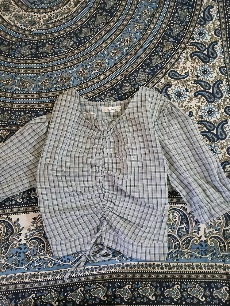 Cute Plaid Ruched Long Sleeve Top