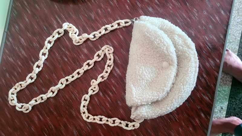 Cream Sherpa Clutch with Chain