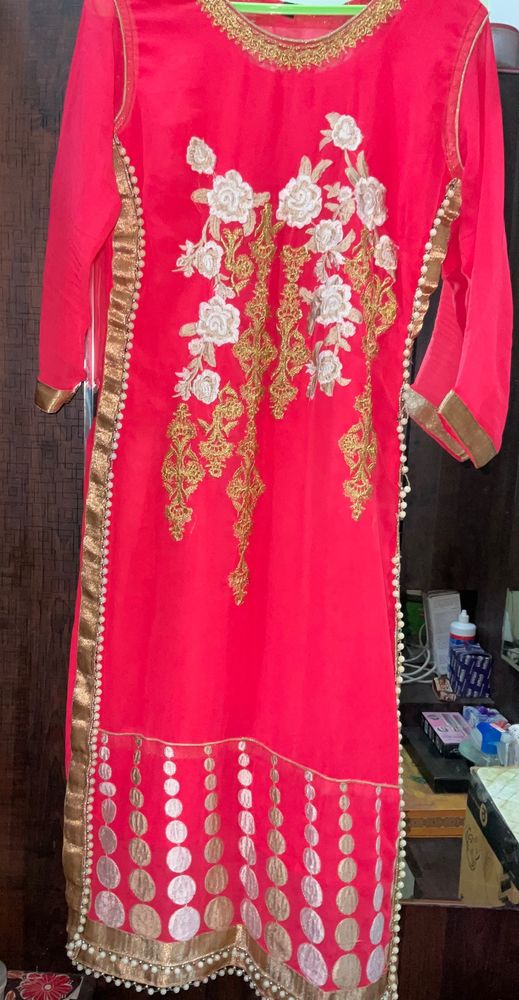 fancy peach long kurti with pearl Work