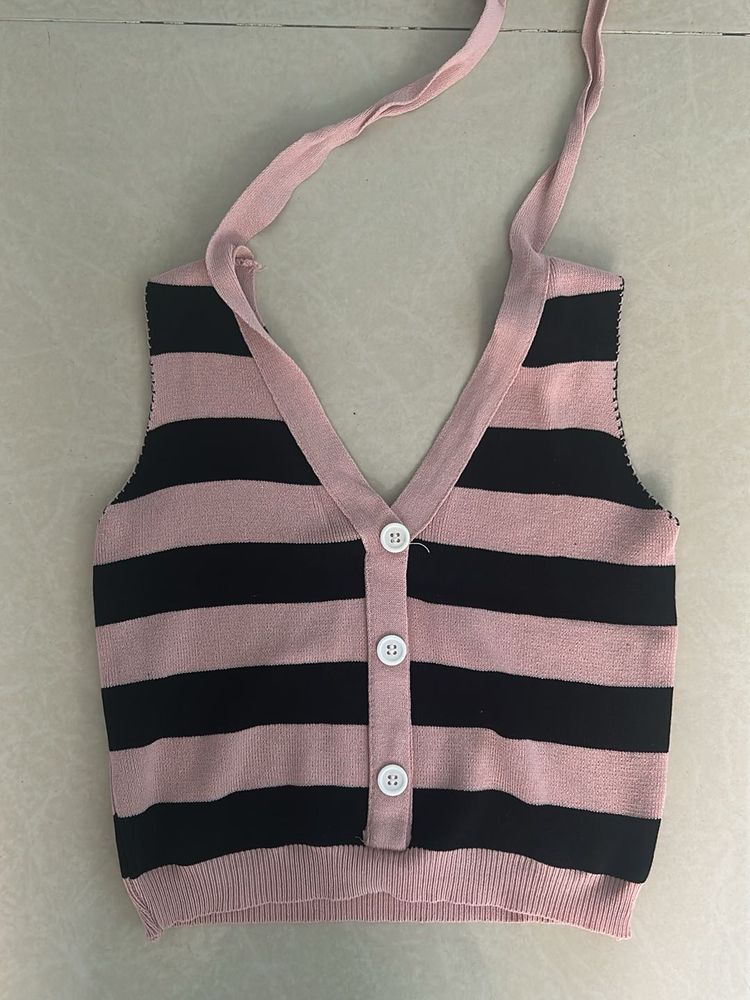 Striped V-Neck Button-Up Knit Top