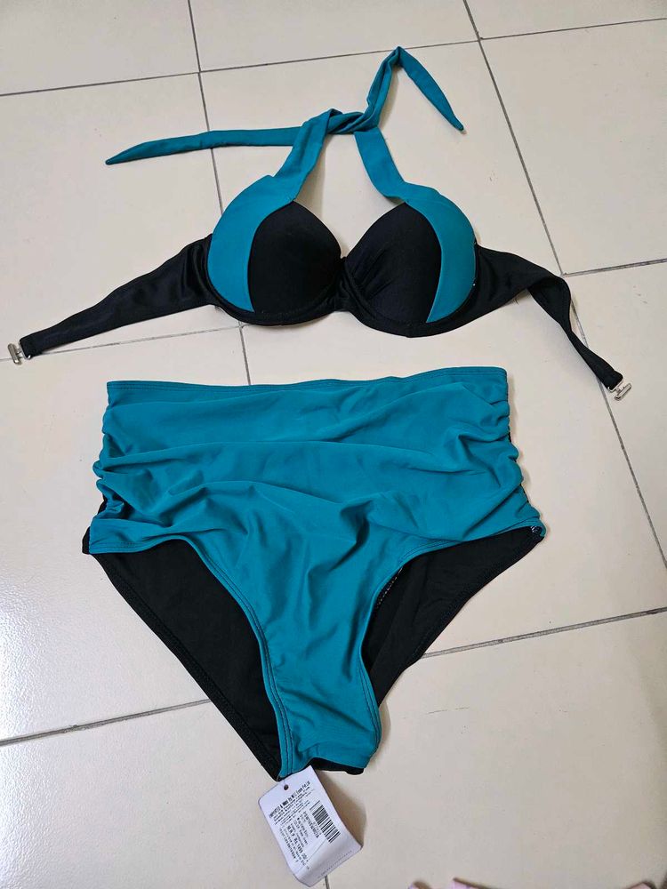 Teal &amp; Black High-Waisted Bikini Set