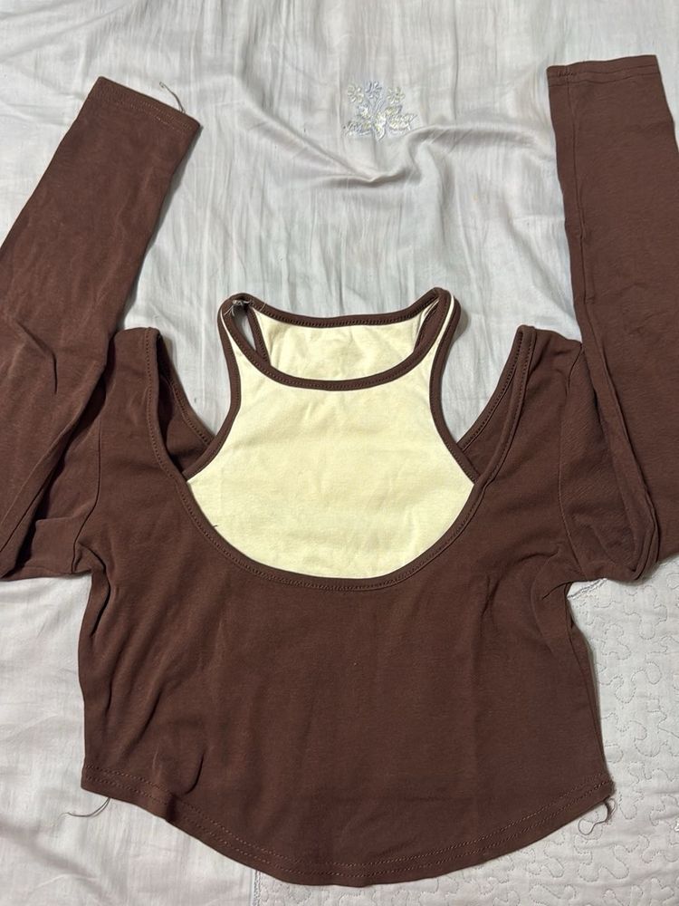 Brown Cold Shoulder Layered Long Sleeve Top