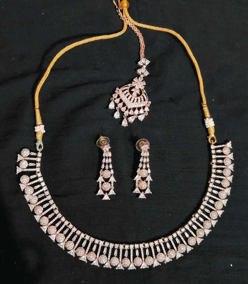 Sparkling CZ Necklace Earring Maang Tikka Set