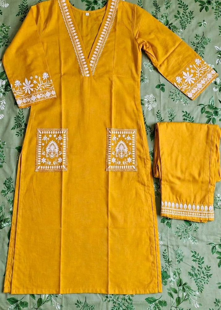 Yellow Kurta Set with White Embroidery