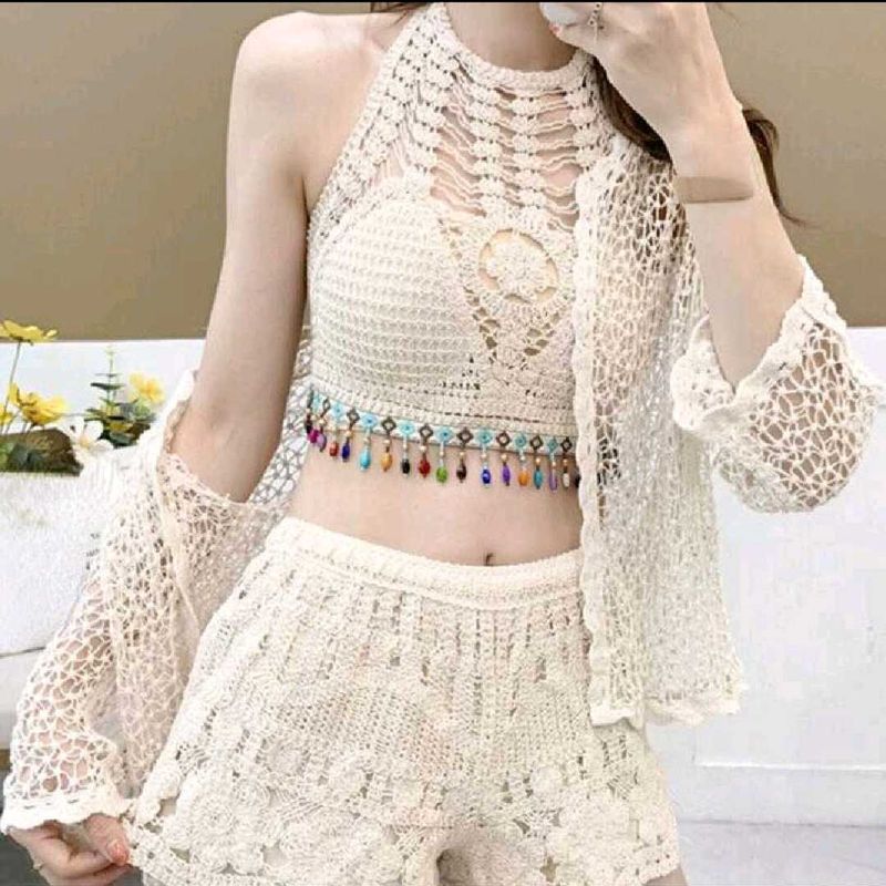 'Boho Crochet Beach Set With Cape' - New