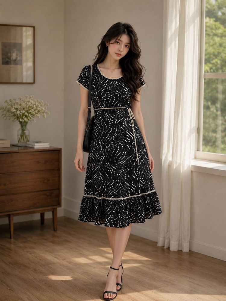 Chic Black &amp; White Polka Dot Midi Dress