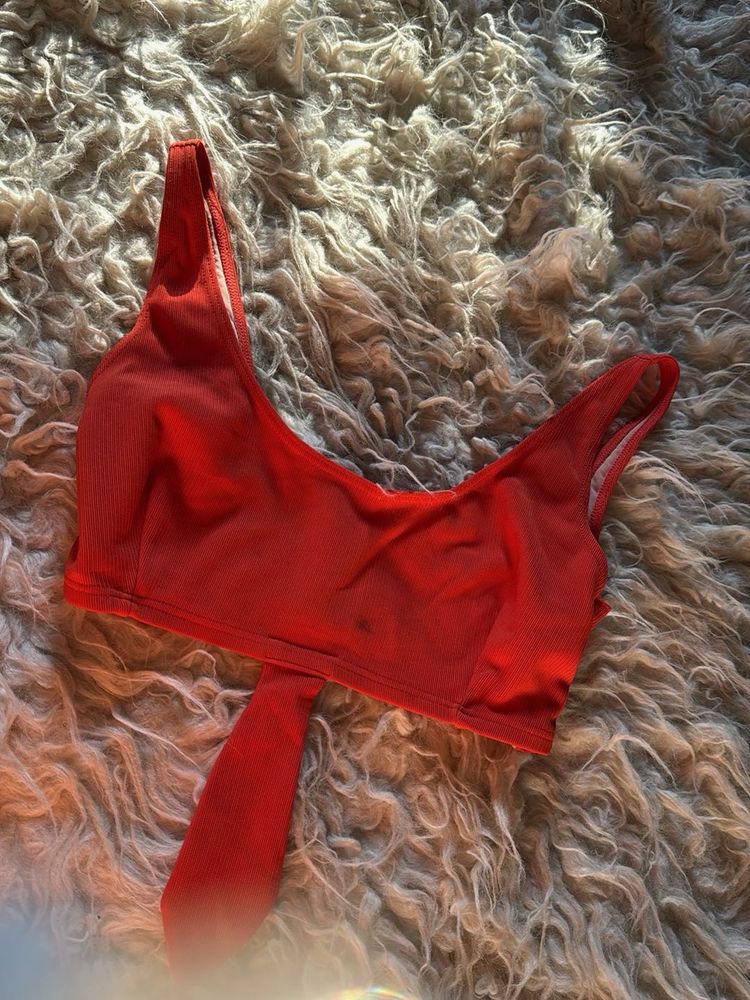 Red Ribbed Bikini Top with Tie