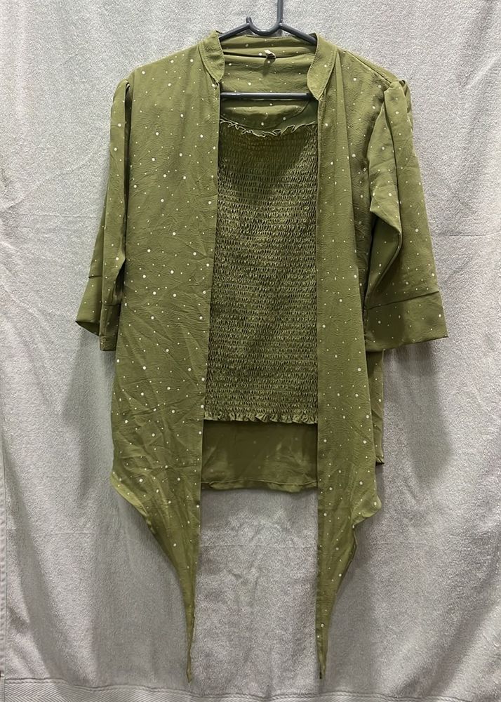 Olive Green Smocked Top with Overlay