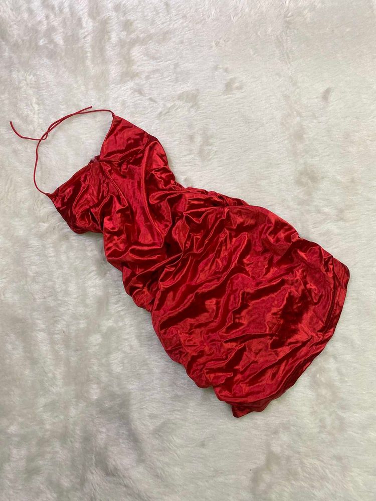 Stunning Red Satin Ruched Halter Dress