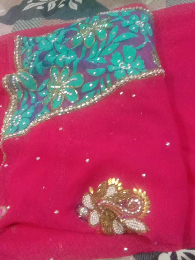 heavy stone and aari work Pink Saree