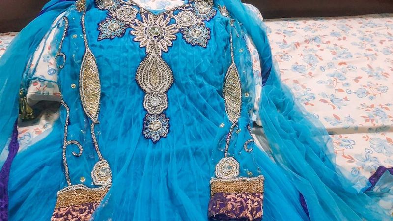 Stunning peacock Blue Embellished anarkali frock