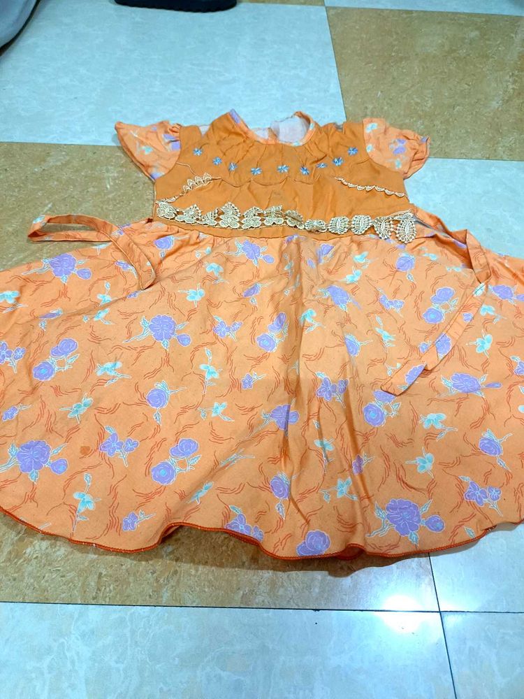 Orange Floral Print Dress for Girls