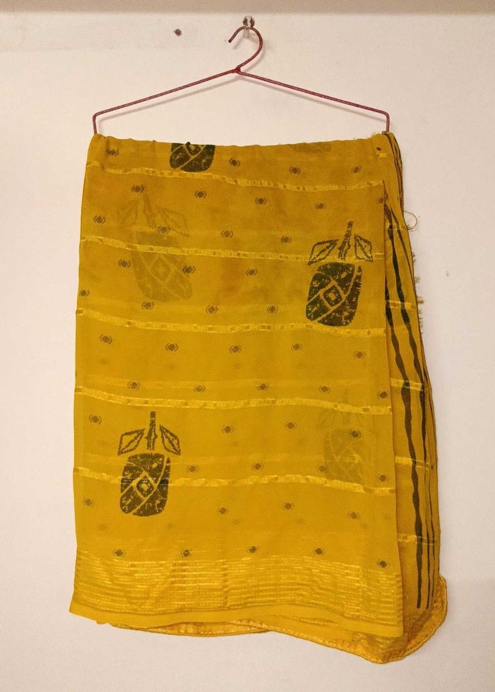 Yellow Saree with Block Print