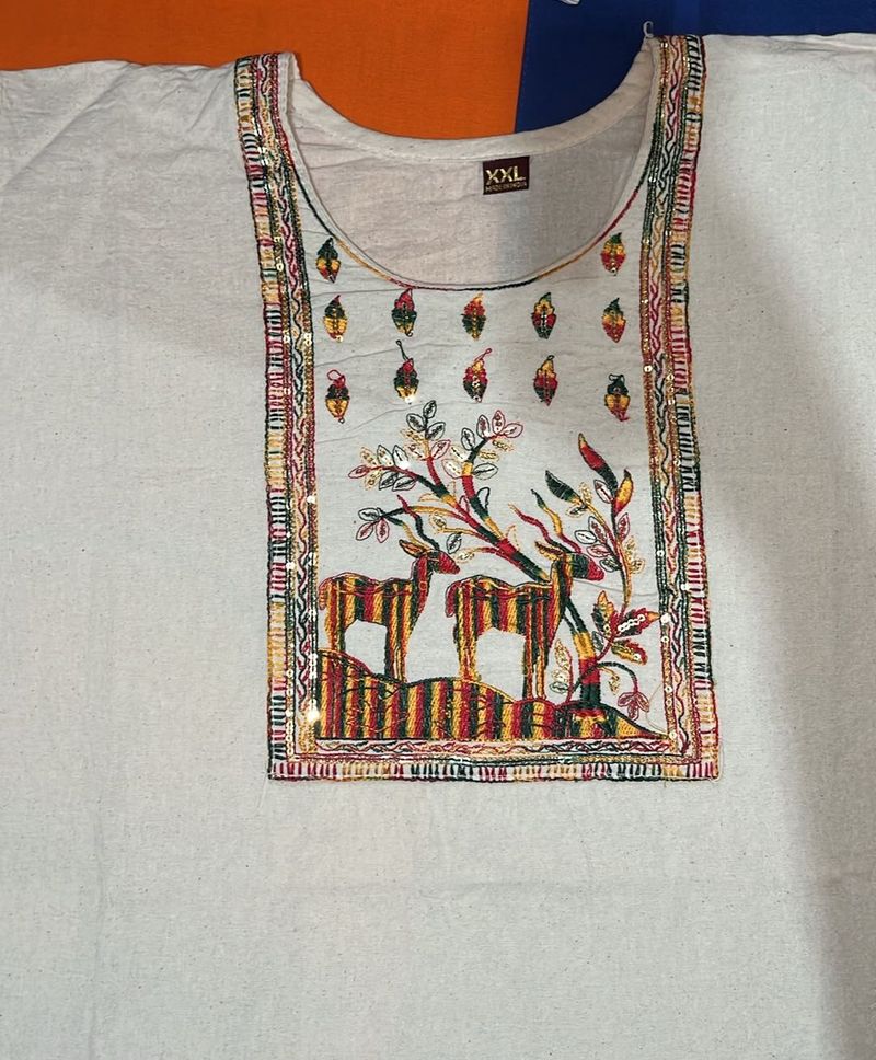 White Kurta with Deer Embroidery