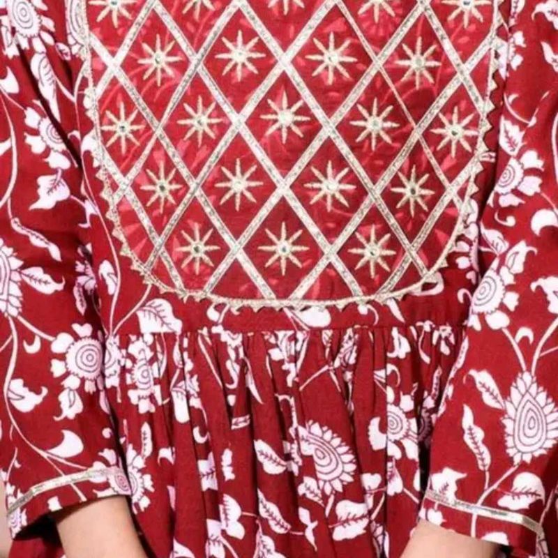 Red Floral Print Kurta with Embellished Neckline