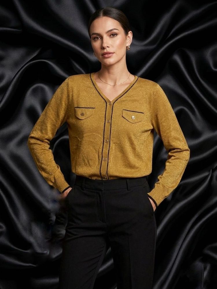 Sparkly Mustard Cardigan with Black Trim