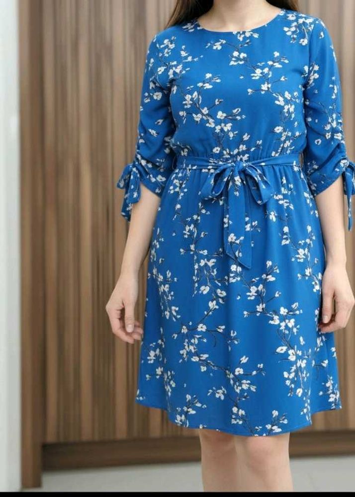 Blue Floral Print Tie Waist Dress