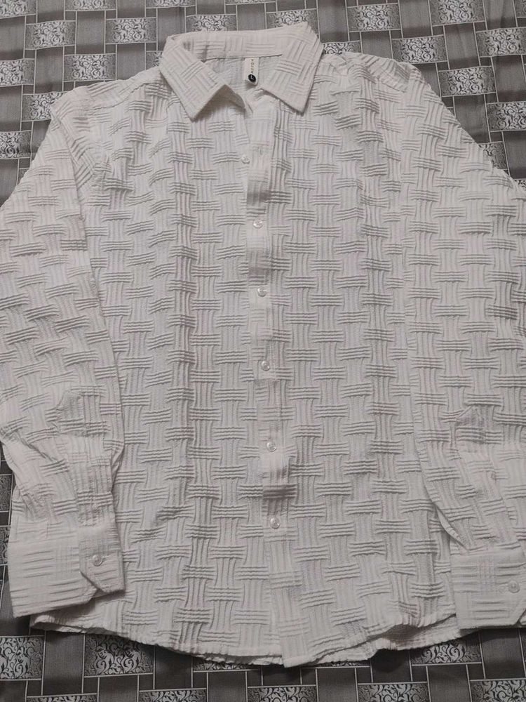 White Textured Button-Up casual Shirt