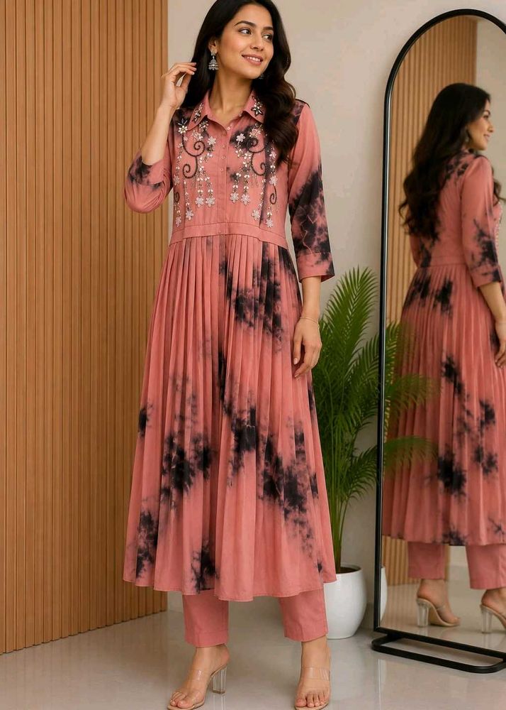 Stylish Pink Tie-Dye Kurta Set with Pleated Skirt