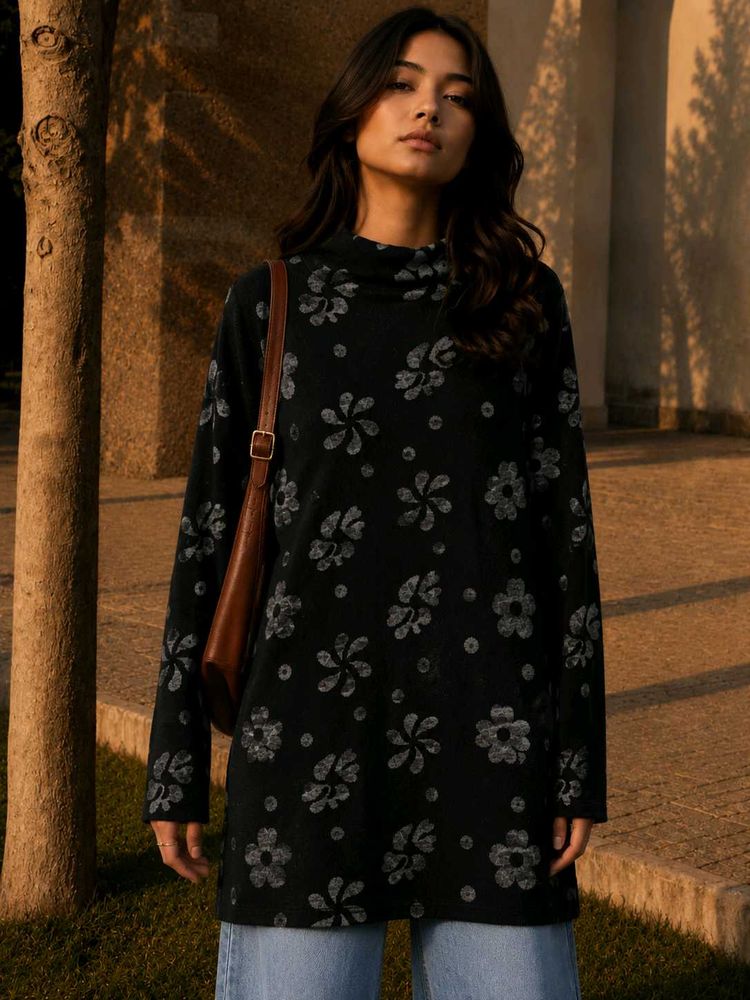 Women's Black Floral High Neck Long Knit Sweater