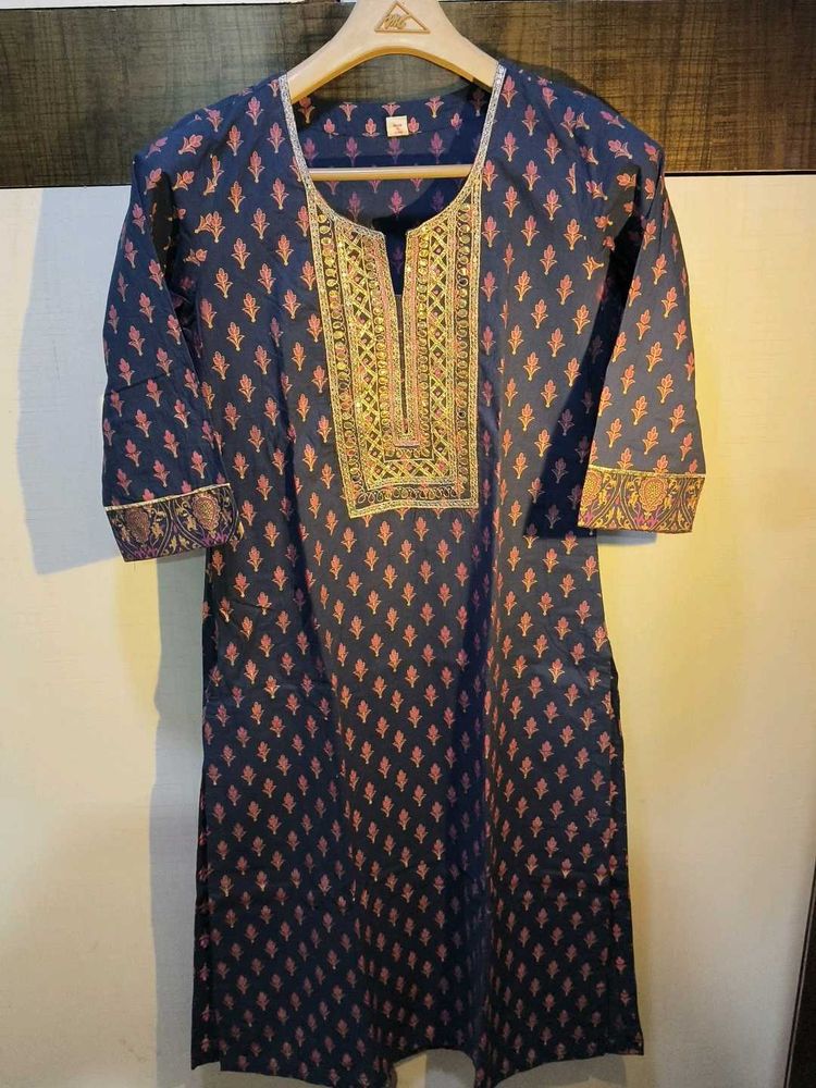 Navy Blue Kurta with Pink Floral Print