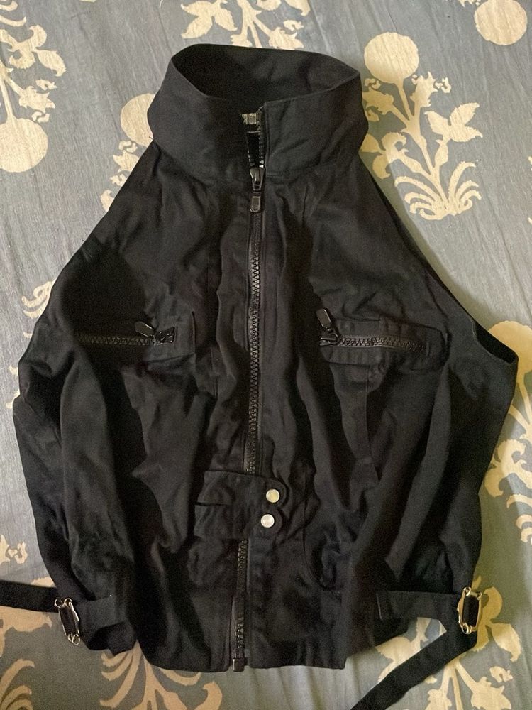 Black Cropped Vest Jacket with High Neck