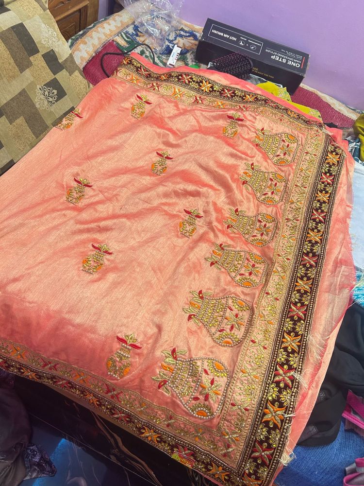 Elegant Embroidered Peach Saree