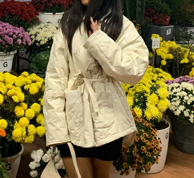 Cream Puffer Jacket with Belt worn once