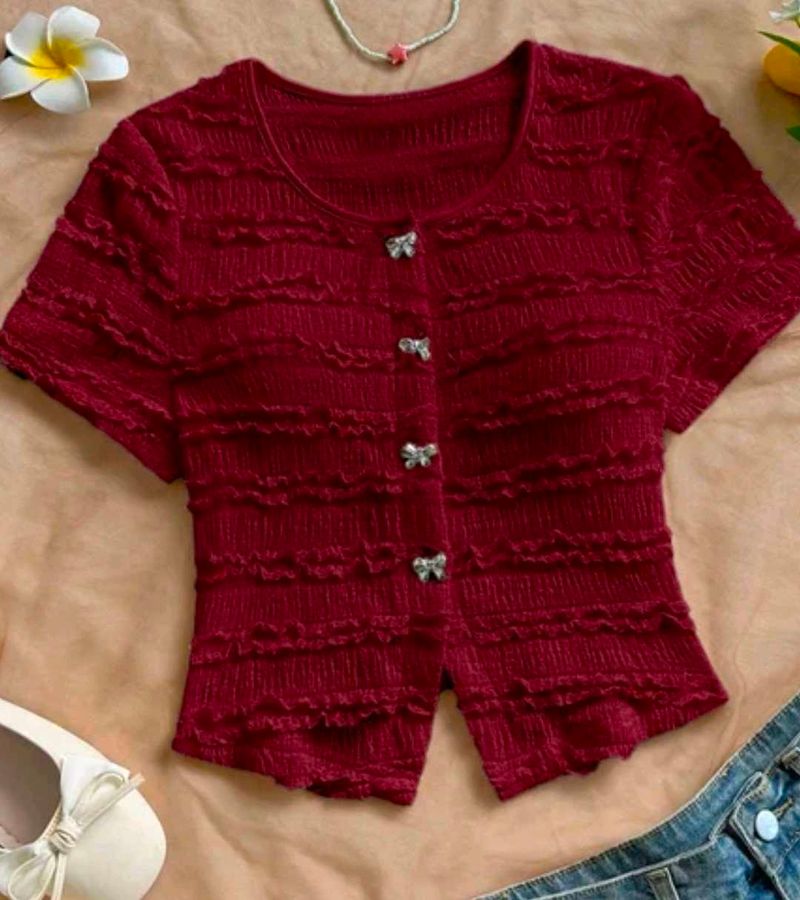 Savana Chic Red Textured Button-Up Top