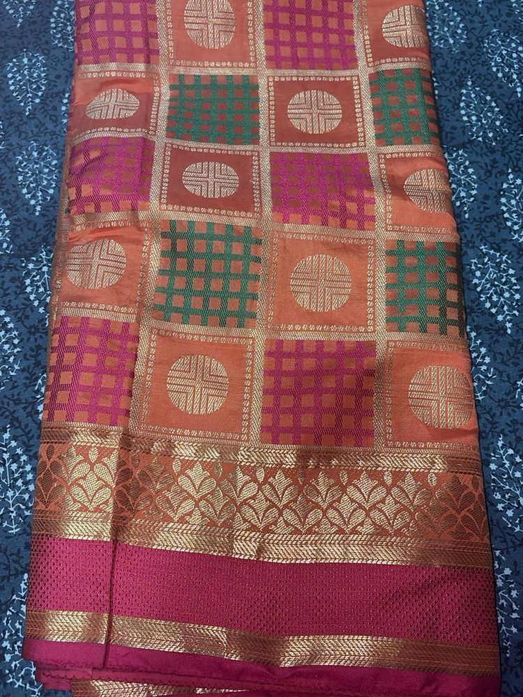 Vibrant Orange &amp; Pink Saree with Gold