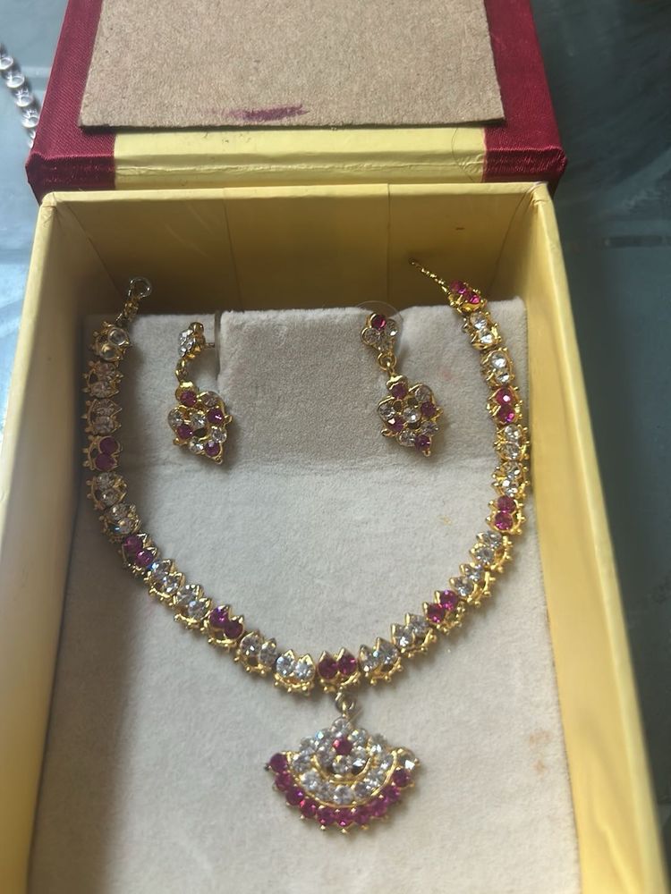 Elegant CZ &amp; Ruby Necklace Set