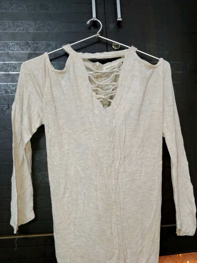 Beige Lace-Up Cold Shoulder Top