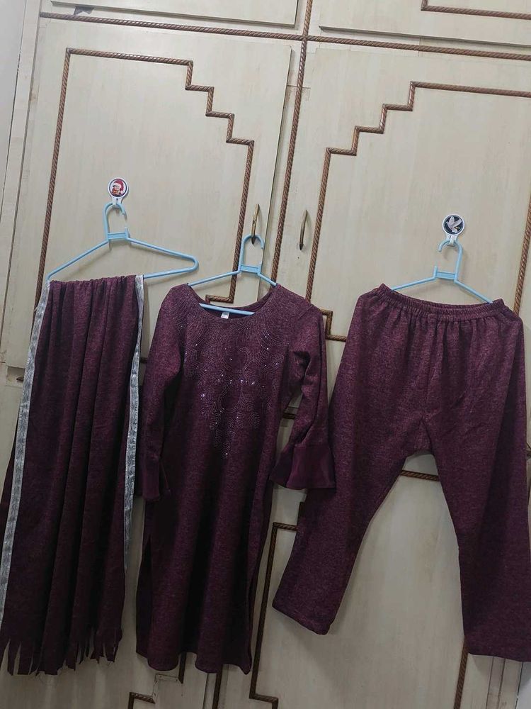 Maroon Kurta Set with Pants &amp; Dupatta