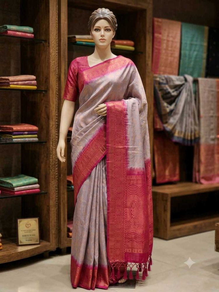 Silver-Grey &amp; Rani Pink Soft Silk Saree
