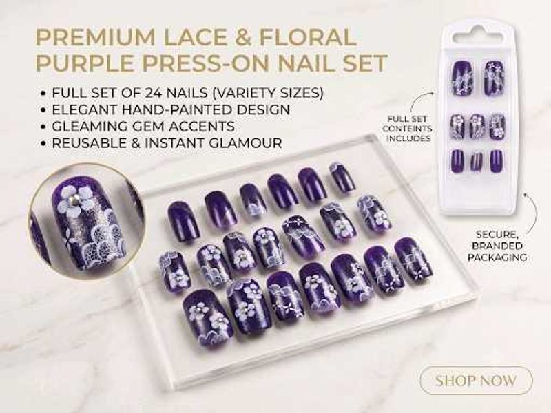 Premium Purple Lace Press-On Nail Set