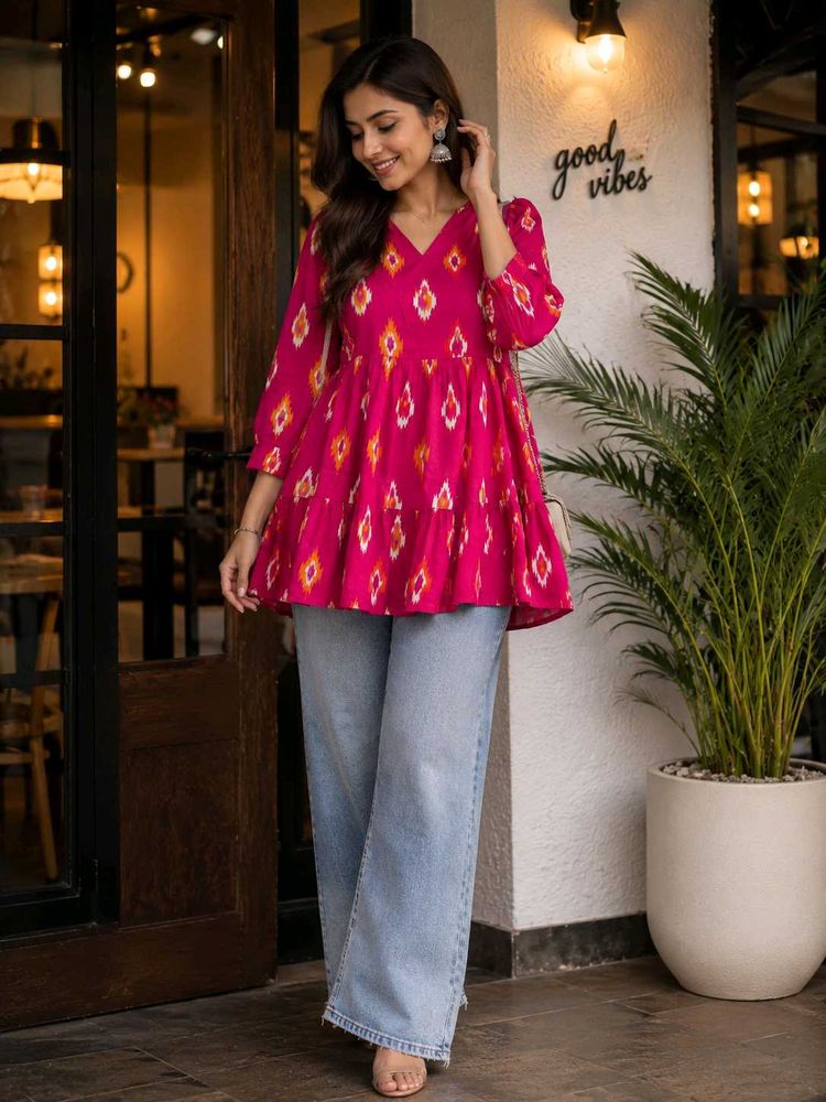Vibrant Pink Ikat Print Tiered Kurti