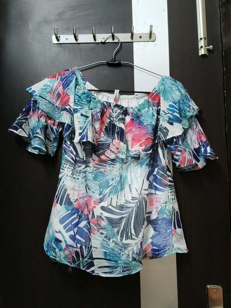 Tropical Print Off-Shoulder Ruffled Top