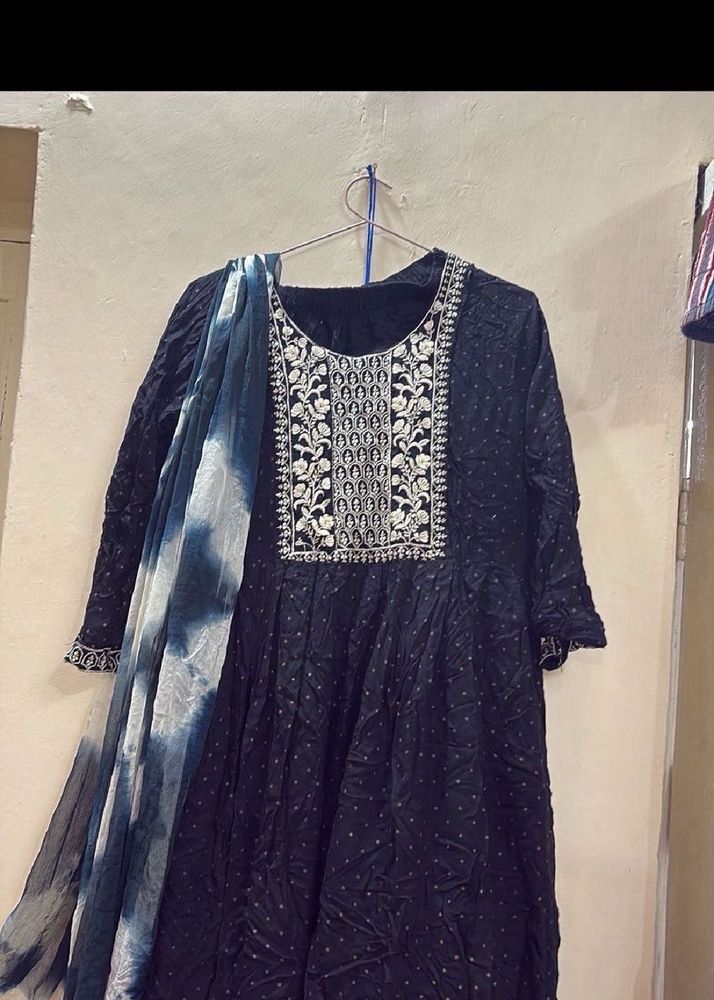 Embroidered Navy Blue Kurta with Dupatta